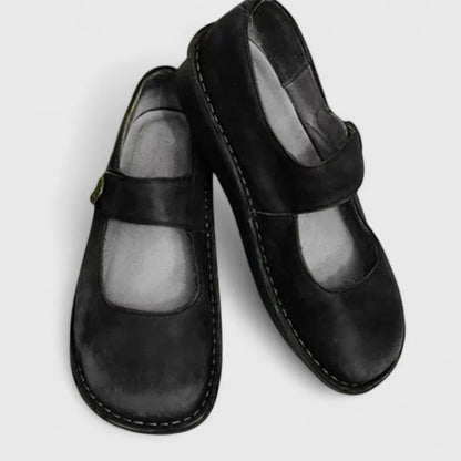 Comfortable Leather Mary Jane Flats for Women with Round Toe Button Strap Stitched Sole Casual Style