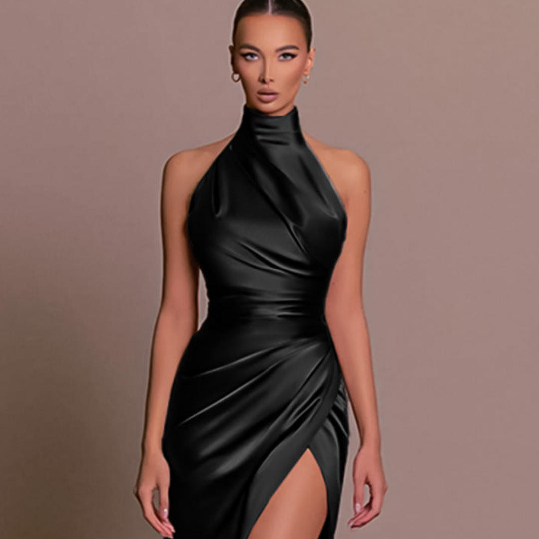 Elegant Satin Mini Dress for Women with High Neck Sleeveless Ruched Wrap Bodycon Style