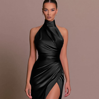 Elegant Satin Mini Dress for Women with High Neck Sleeveless Ruched Wrap Bodycon Style