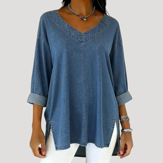Effortless Denim Tunic Top for Women with V Neck Elbow Sleeve High Low Hem Relaxed Style