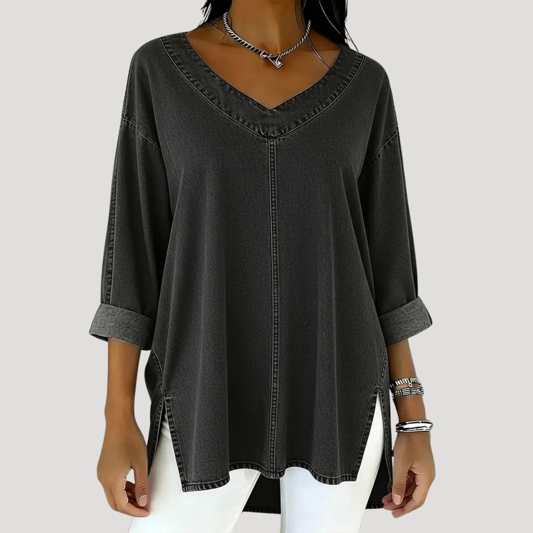 Effortless Denim Tunic Top for Women with V Neck Elbow Sleeve High Low Hem Relaxed Style