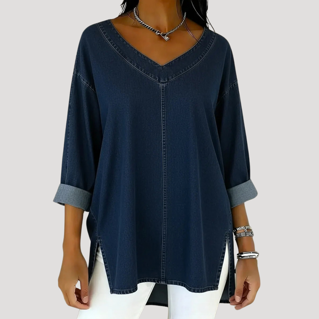 Effortless Denim Tunic Top for Women with V Neck Elbow Sleeve High Low Hem Relaxed Style