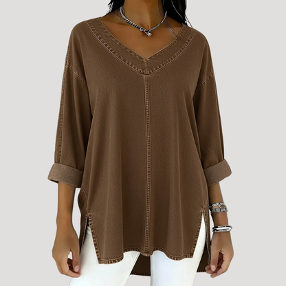Effortless Denim Tunic Top for Women with V Neck Elbow Sleeve High Low Hem Relaxed Style