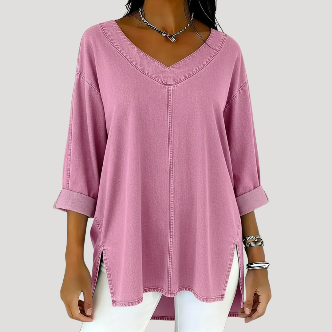 Effortless Denim Tunic Top for Women with V Neck Elbow Sleeve High Low Hem Relaxed Style