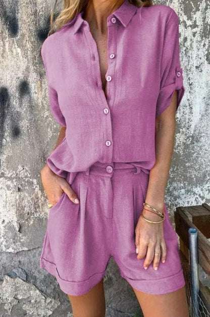 Effortless Linen Two Piece Set for Women with Collared V Neck Elbow Sleeve Pleated Shorts Relaxed Style