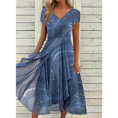 Elegant Sequin Marble Print Midi Dress for Women with V Neck Short Sleeve Wrap Ruffle Formal Party Style