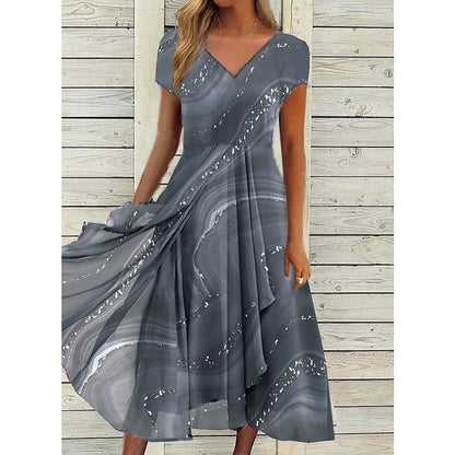 Elegant Sequin Marble Print Midi Dress for Women with V Neck Short Sleeve Wrap Ruffle Formal Party Style