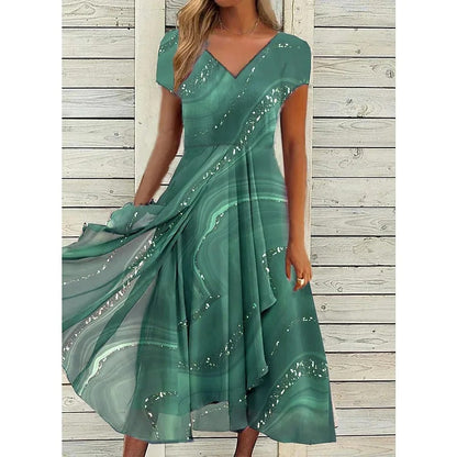 Elegant Sequin Marble Print Midi Dress for Women with V Neck Short Sleeve Wrap Ruffle Formal Party Style