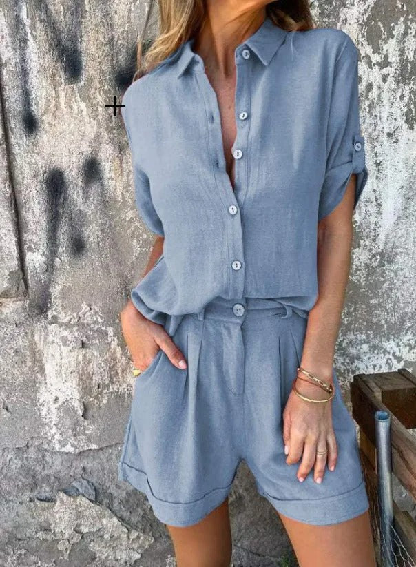Effortless Linen Two Piece Set for Women with Collared V Neck Elbow Sleeve Pleated Shorts Relaxed Style