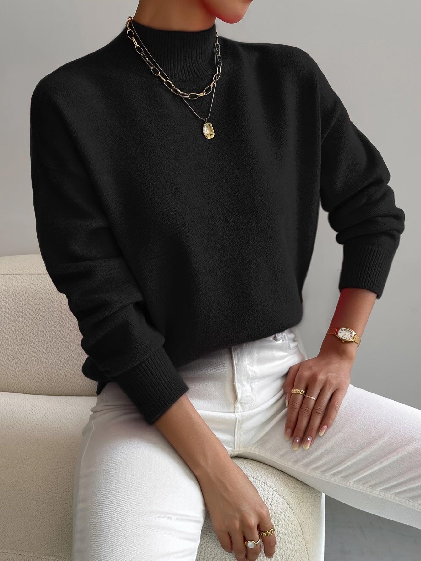 Comfortable Sweater for Women with Mock Neck Long Sleeve Relaxed Oversized Knit Style