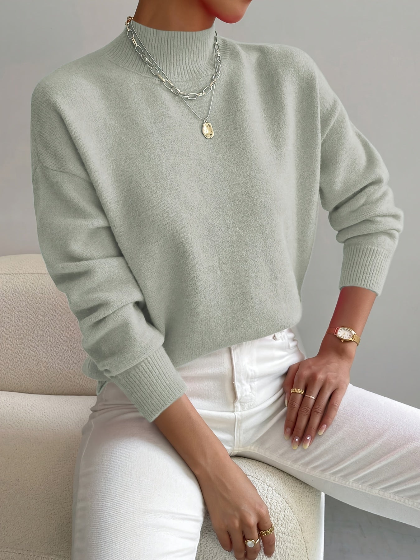 Comfortable Sweater for Women with Mock Neck Long Sleeve Relaxed Oversized Knit Style