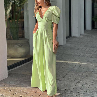 Elegant Wide Leg Jumpsuit for Women with V Neck Puff Sleeve Belted Waist Flowing Style