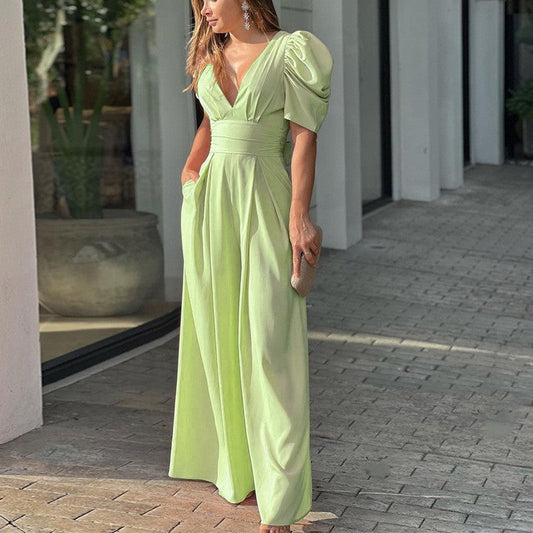Elegant Wide Leg Jumpsuit for Women with V Neck Puff Sleeve Belted Waist Flowing Style