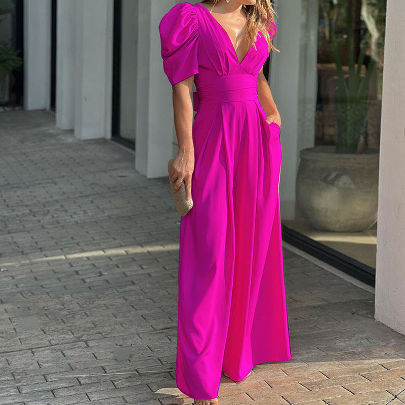 Elegant Wide Leg Jumpsuit for Women with V Neck Puff Sleeve Belted Waist Flowing Style