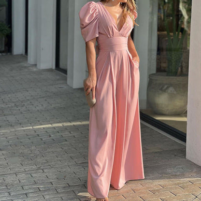 Elegant Wide Leg Jumpsuit for Women with V Neck Puff Sleeve Belted Waist Flowing Style