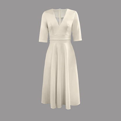Elegant White Satin Midi Dress for Women with V Neck Elbow Sleeve Fit and Flare Wedding Guest Style