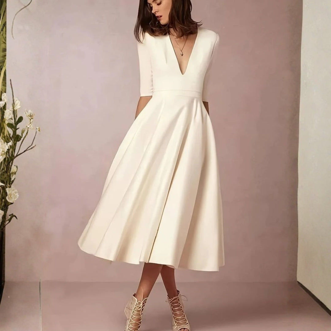 Elegant White Satin Midi Dress for Women with V Neck Elbow Sleeve Fit and Flare Wedding Guest Style