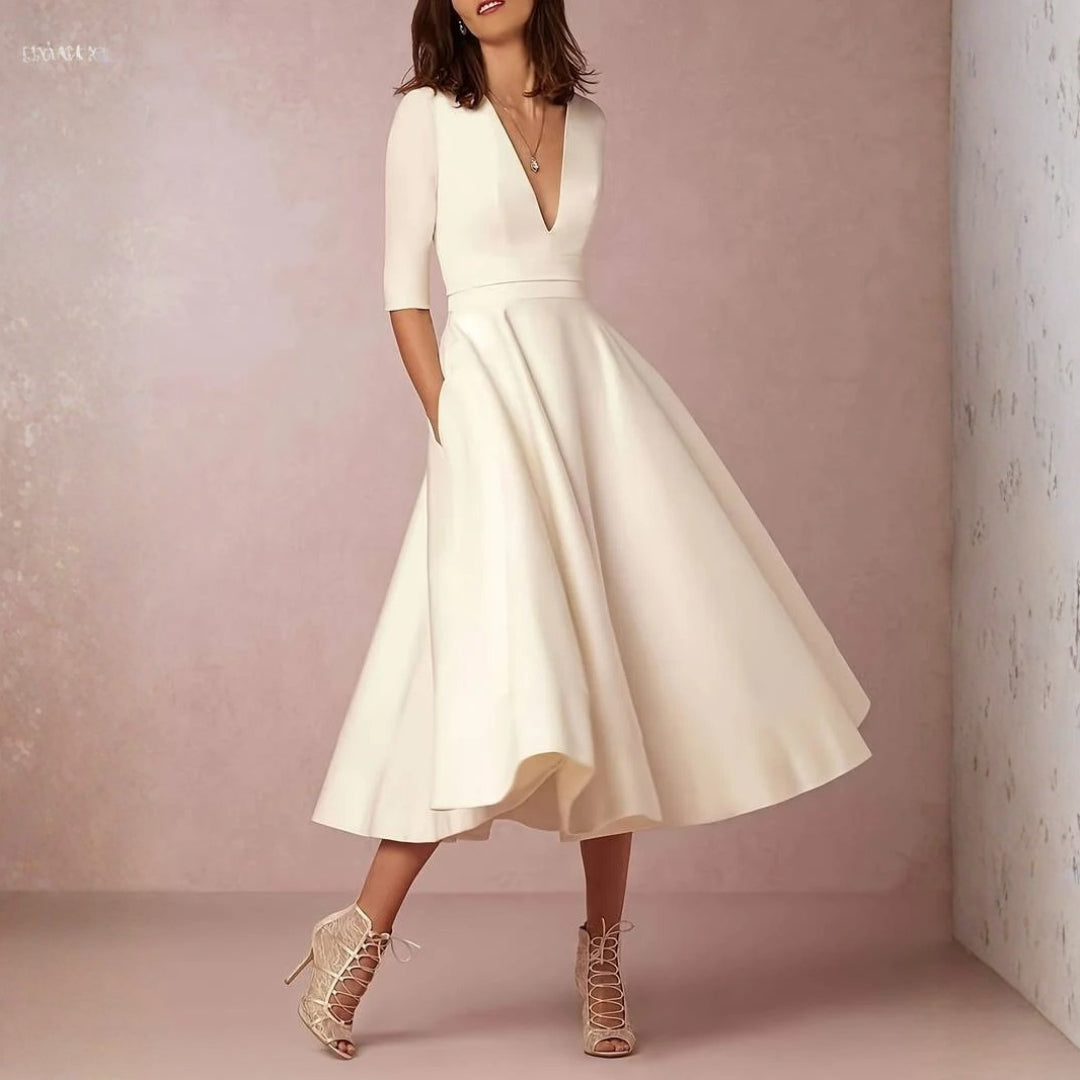 Elegant White Satin Midi Dress for Women with V Neck Elbow Sleeve Fit and Flare Wedding Guest Style