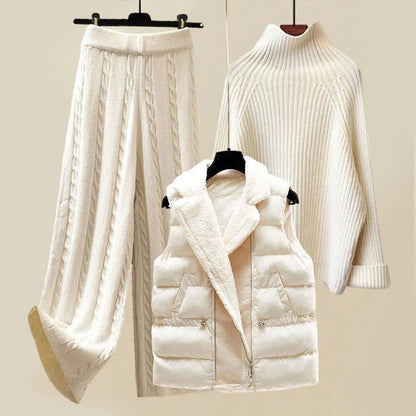 Comfortable White Knit Three Piece Set for Women with High Neck Sweater Puffer Vest Wide Leg Pant Casual Style