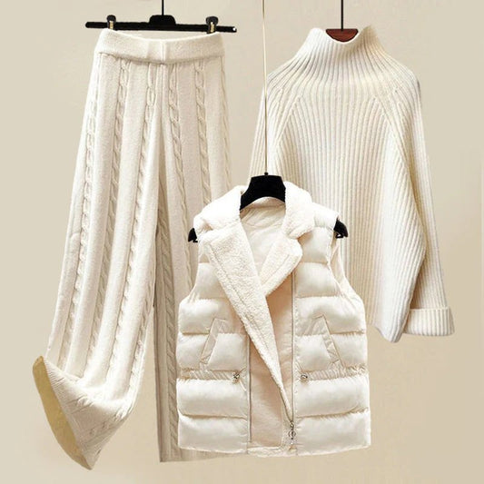 Comfortable White Knit Three Piece Set for Women with High Neck Sweater Puffer Vest Wide Leg Pant Casual Style