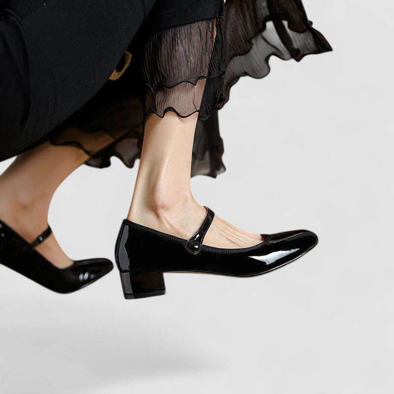 Elegant Patent Leather Mary Jane Pump for Women with Round Toe Ankle Strap Block Heel Style