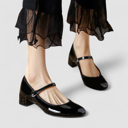 Elegant Patent Leather Mary Jane Pump for Women with Round Toe Ankle Strap Block Heel Style