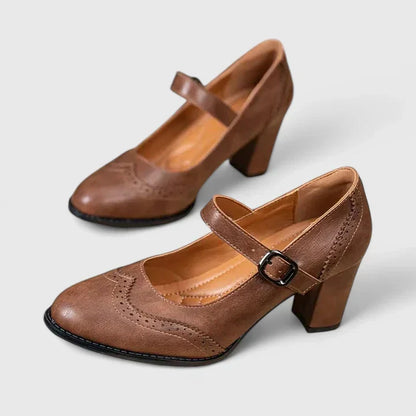 Elegant Leather Mary Jane Pumps for Women with Wingtip Brogue Buckle Strap Block Heel Style