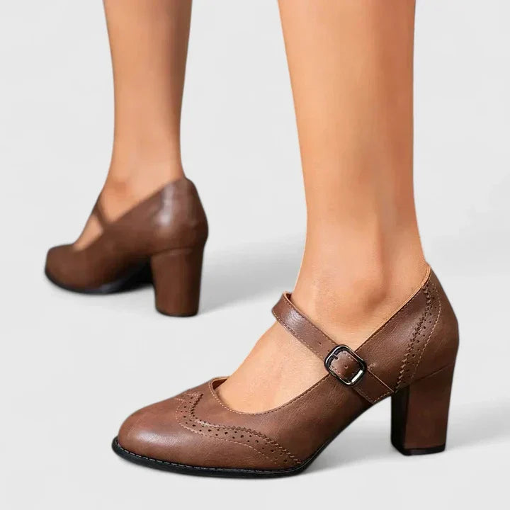Elegant Leather Mary Jane Pumps for Women with Wingtip Brogue Buckle Strap Block Heel Style