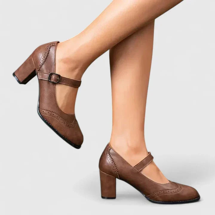 Elegant Leather Mary Jane Pumps for Women with Wingtip Brogue Buckle Strap Block Heel Style