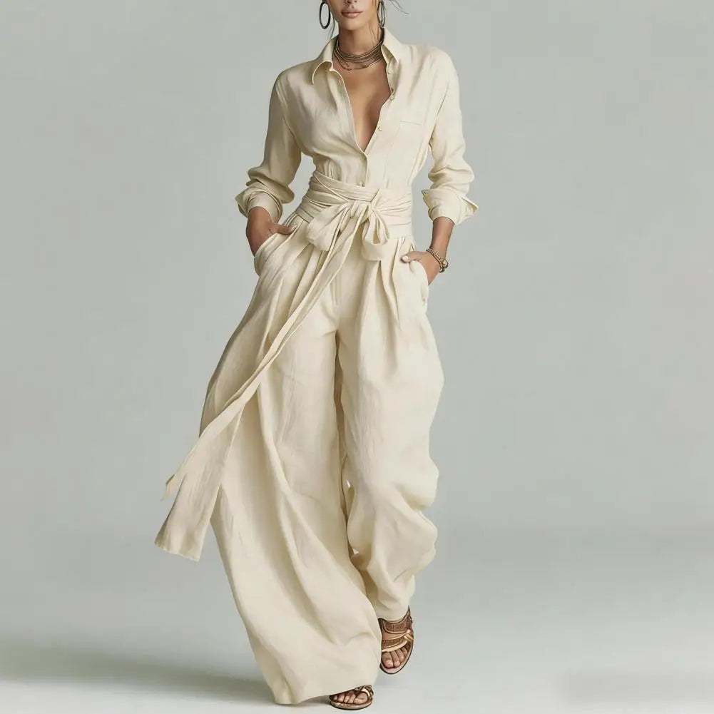 Effortless Linen Jumpsuit for Women with Collar Long Sleeve Wide Leg Belted Relaxed Style
