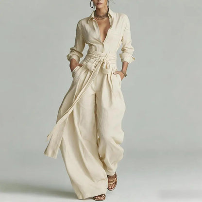 Effortless Linen Jumpsuit for Women with Collar Long Sleeve Wide Leg Belted Relaxed Style