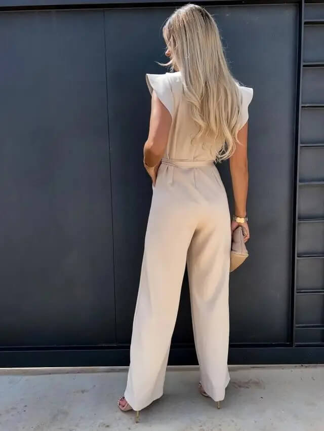 Elegant Wide Leg Jumpsuit for Women with Round Neck Ruffle Sleeve Belted Flowing Style
