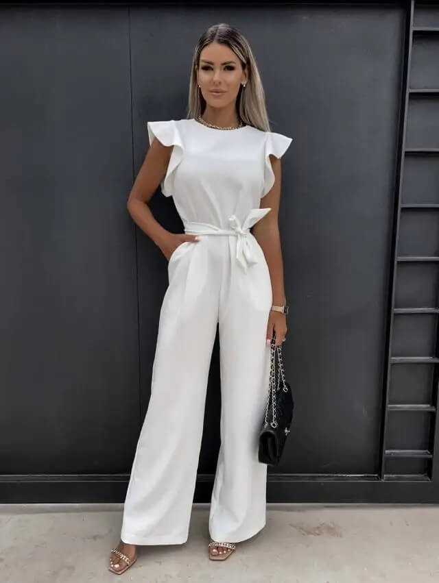 Elegant Wide Leg Jumpsuit for Women with Round Neck Ruffle Sleeve Belted Flowing Style