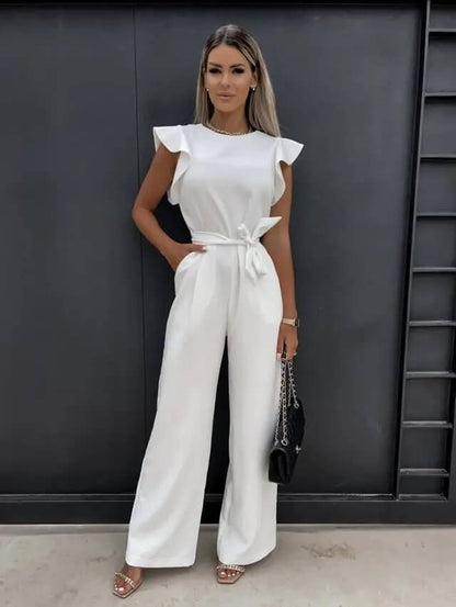 Elegant Wide Leg Jumpsuit for Women with Round Neck Ruffle Sleeve Belted Flowing Style