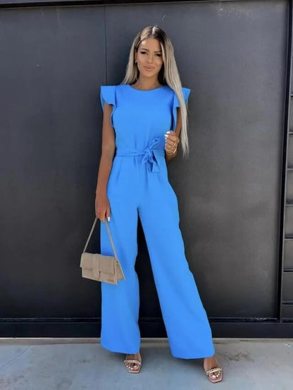 Elegant Wide Leg Jumpsuit for Women with Round Neck Ruffle Sleeve Belted Flowing Style