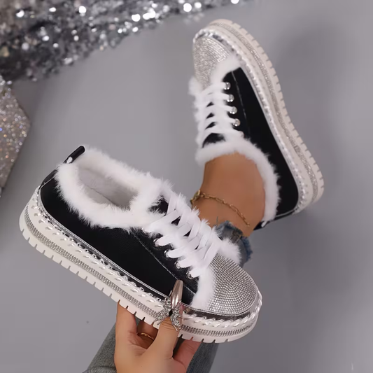 Comfortable Trainers for Women with Faux Fur Trim Rhinestone Sole Lace Up Low Top Style