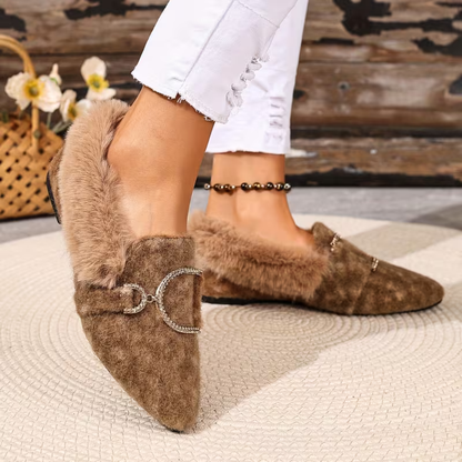 Comfortable House Shoes for Women with Faux Fur Trim Buckle Detail Round Toe Slip On Style