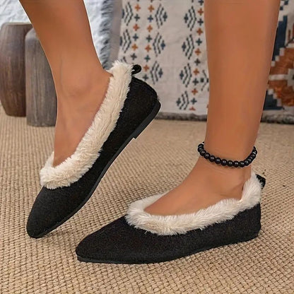 Comfortable House Shoes for Women with Pointed Toe Faux Fur Lining Knit Slip On Style