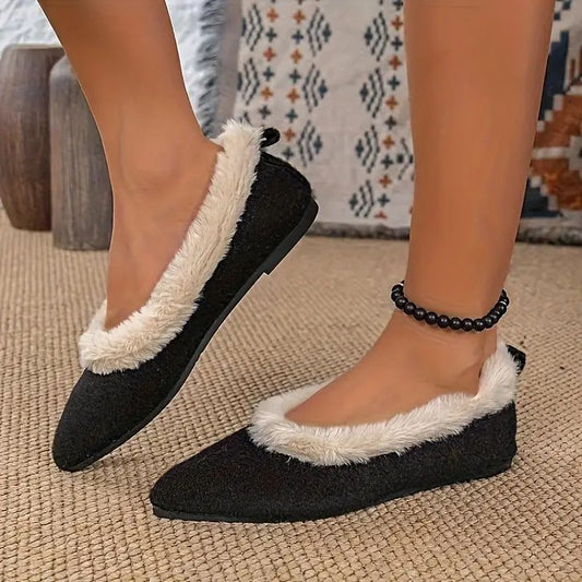 Comfortable House Shoes for Women with Pointed Toe Faux Fur Lining Knit Slip On Style