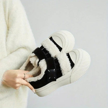Comfortable House Shoes for Women with Hook Loop Strap Faux Fur Platform Slip On Style