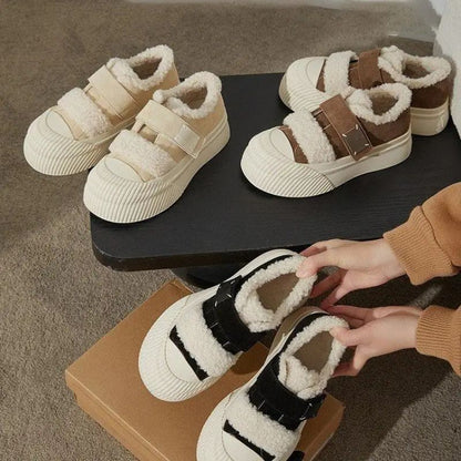 Comfortable House Shoes for Women with Hook Loop Strap Faux Fur Platform Slip On Style
