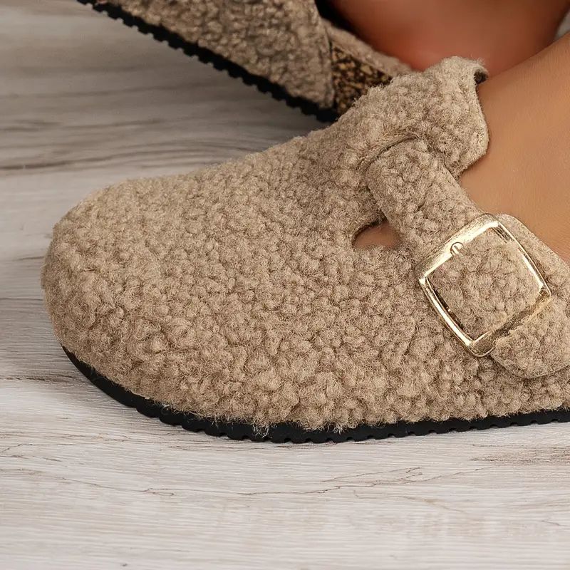 Comfortable Clogs for Women with Teddy Fleece Upper Buckle Strap Backless Slip On House Shoes