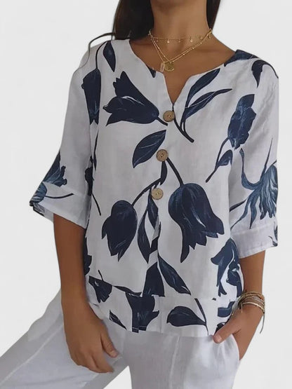 Effortless Floral Linen Blouse for Women with V Neck Elbow Sleeve Button Front Relaxed Style