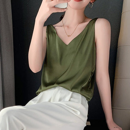 Effortless Satin Blouse for Women with V Neck Sleeveless Relaxed Flowing Tank Style