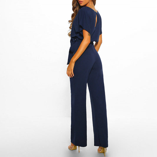 Elegant Wide Leg Jumpsuit for Women with Round Neck Flutter Sleeve Belted Flowing Style