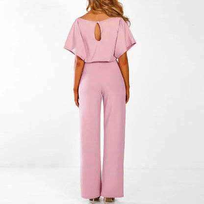 Elegant Wide Leg Jumpsuit for Women with Round Neck Flutter Sleeve Belted Flowing Style