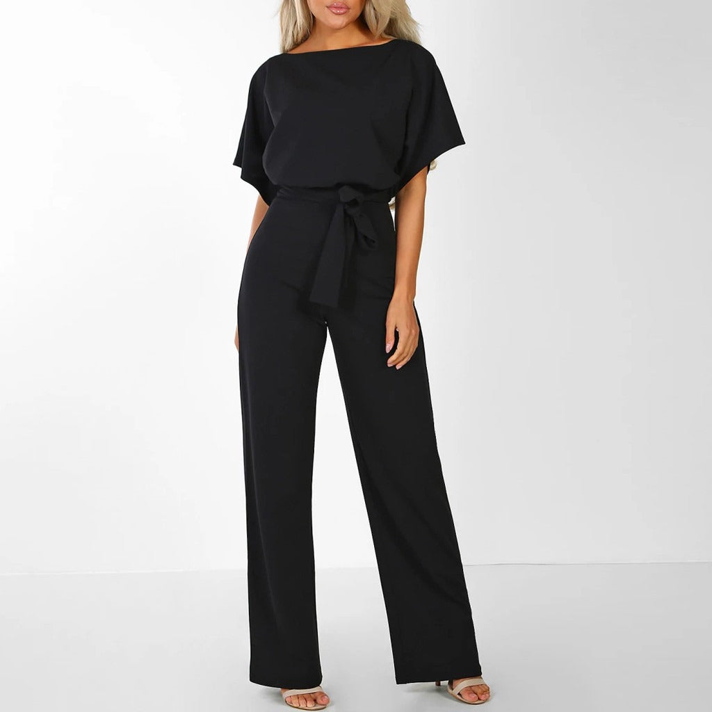Elegant Wide Leg Jumpsuit for Women with Round Neck Flutter Sleeve Belted Flowing Style