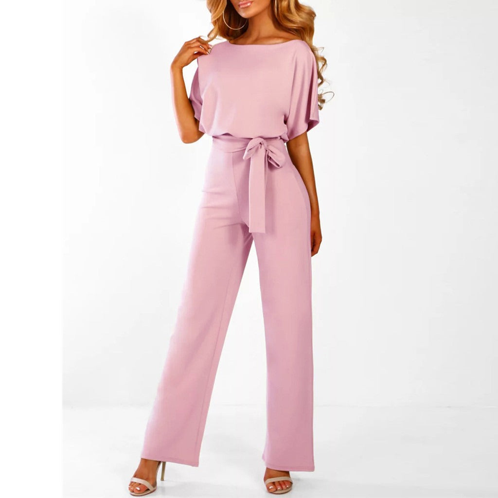 Elegant Wide Leg Jumpsuit for Women with Round Neck Flutter Sleeve Belted Flowing Style