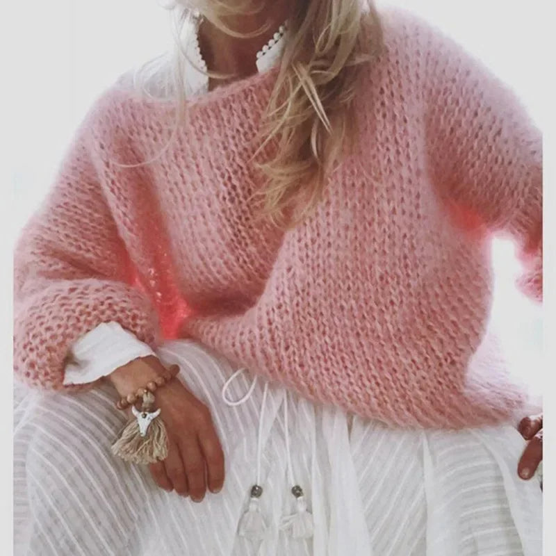 Comfortable Mohair Knit Sweater for Women with Wide Neck Long Sleeve Relaxed Oversized Style