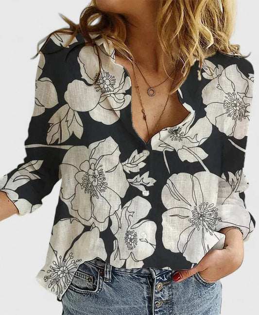 Effortless Floral Linen Blouse for Women with Collar Long Sleeve Button Front Relaxed Style